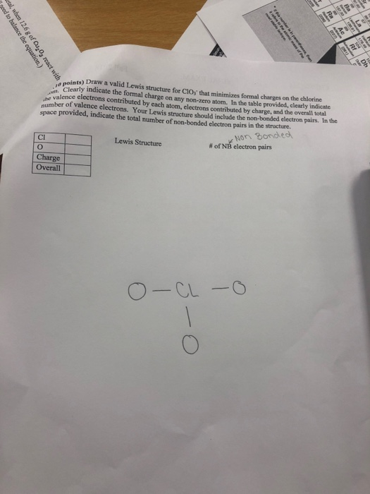 points) Draw a valid Lewis structure for CIOs that minimizes formal charges on the Clearly indicate the formal charge on any