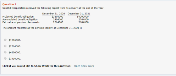 Question 1 Sandhill Corporation received the following report from its actuary at the end of the year: December 31, 2021 $420
