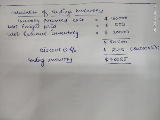 2019.11.23 10:46 calculation of ending Inventory laveusry purchased cost $ 100000 Add freight paid a $ 500 less; Returned inv