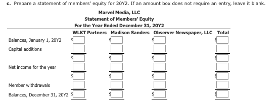 c. Prepare a statement of members equity for 20Y2. If an amount box does not require an entry, leave it blank. Marvel Media, LLC Statement of Members Equity For the Year Ended December 31, 20Y2 WLKT Partners Madison Sanders observer Newspaper, LLC Total Balances, January 1, 20Y2 Capital additions Net income for the year Member withdrawals Balances, December 31, 20Y2