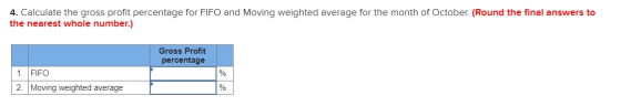 4. Calculate the gross profit percentage for FIFO and Moving weighted average for the month of October. (Round the final answ