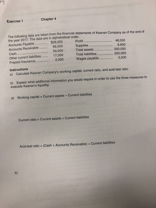 Exercise 1 Chapter 4 The following data are taken from the financial statements of Keanan Company as of the end of the year 2