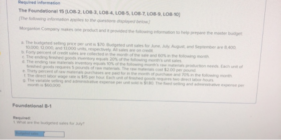 Required information The Foundational 15 [LO8-2, L08-3, L08-4, L08-5, LO8-7, L08-9, L08-10] [The following information applie