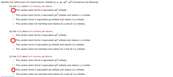 Identify the hybrid and non-hybrid atomic orbitals (s, p, sp, sp2, sp3) formed by the following. (a) the C(1) atom in 3-nonen