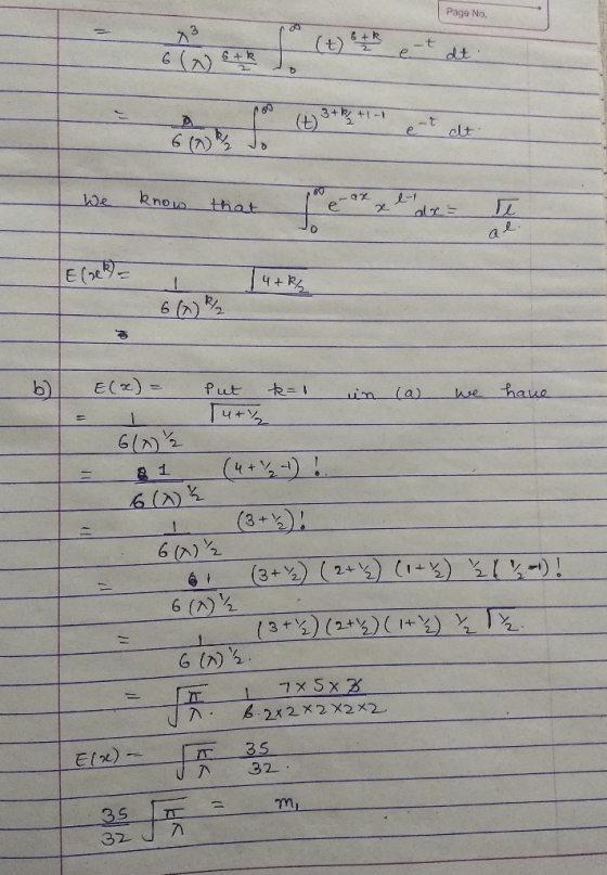 Page No. nos *in de We know that you e-x xl de We know O2 - that te 2 al. (e) = I 14+R2 b) E(x) = put k=1 in (a) we have 6/02