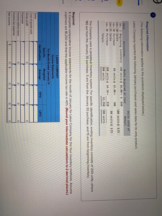Required information The following information applies to the questions displayed below) of 2 Laker Company reported the foll