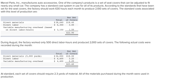 Marvel Parts, Inc., manufactures auto accessories. One of the companys products is a set of seat covers that can be adjusted