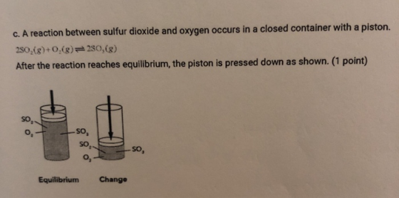 c. A reaction between sulfur dioxide and oxygen occurs in a closed container with a piston. 250,($)+0.(8)=280,(8) After the r