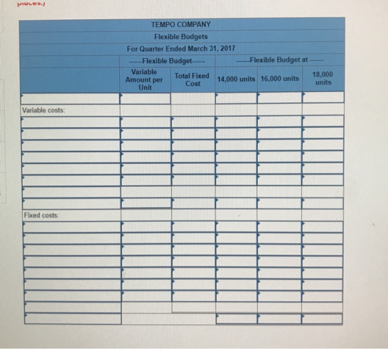 PiaLeo TEMPO COMPANY Flexible Budgets For Quarter Ended March 31, 2017 --Flexible Budget -Flexible Budget at - Variable Amoun