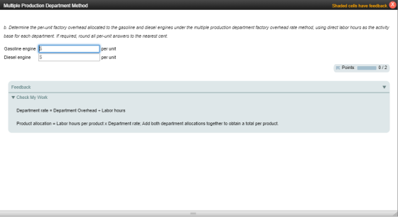 Multiple Production Department Method Shaded cells have feedback. X b. Determine the per-unit factory overhead allocated to t