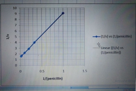1/1 (1/v) vs (1/penicillin) Linear ((1/v) vs (1/penicillin)) 0.5 1/(penicillin)
