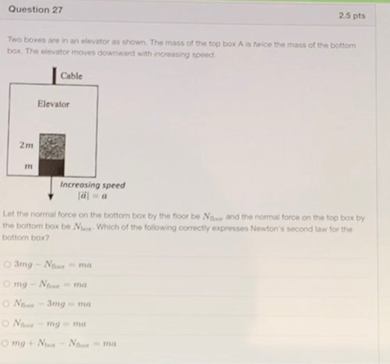 Question 27 2.5 pts Two boxes are in an elevator as shown. The mass of the top box A is twice the mass of the bottom box. The