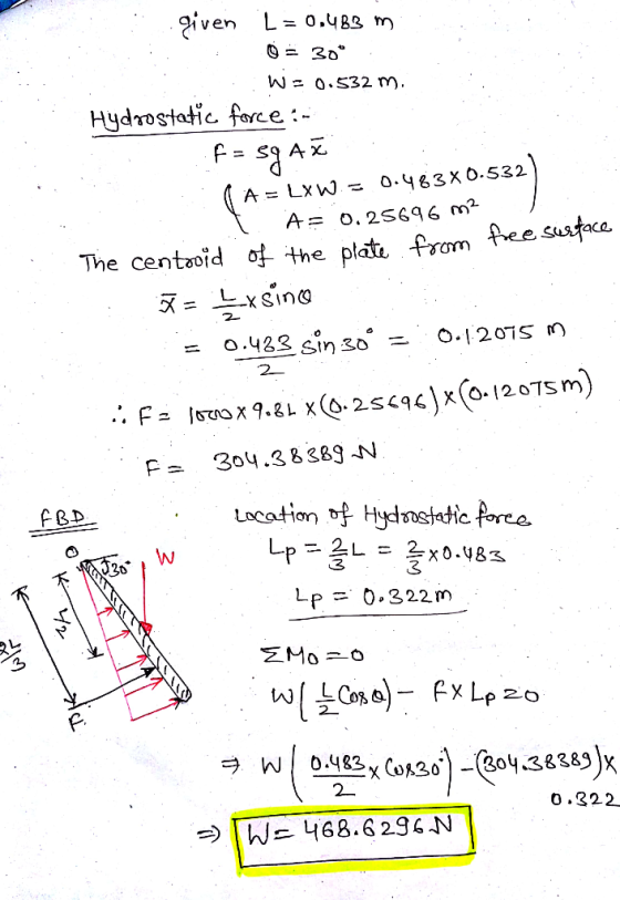 given L = 0.483 m . 0 = 30° . : W=0.532 m. Hydrostatic force :- ..f=sg Aš - .2 TA = LXW.= 0.483x0.532) A= 0.25696 m2 The cent