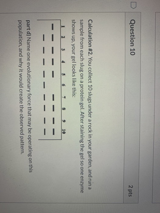D Question 10 2 pts Calculation #2. You collect 10 slugs under a rock in your garden, and run a sample from each slug on a pr