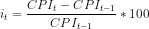 i_t = \frac{CPI_t - CPI_{t-1}}{CPI_{t-1}}*100
