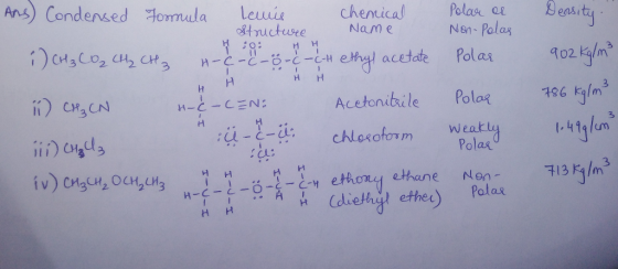 Density. I- -I J 902 Kg/m3 786 kg/m² Ans Condensed Formula lewis chemical Polar er Structure Name Non-Polar :: i) CH₂ CO₂ CH