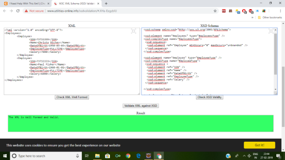 e l Need Help With This Xml! | Che 、W3C XML Schema DSD) Validat ← → C Δ Not secure! www.utilities-online.info/ksdvalidation/#