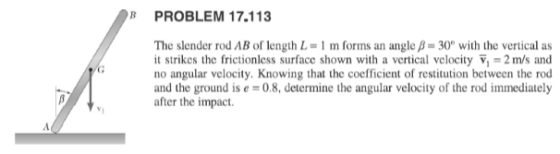 PROBLEM 17.113 The slender rod AB of length L = 1 m forms an angle B = 30° with the vertical as it strikes the frictionless s