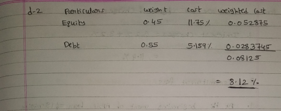 d-2 Porticulars weight. 0.45 Cast 11.75% weighted cost 0.052875 Equity Debt 0.55 5.159% 0.0283745 0.08125 = 8.12 %