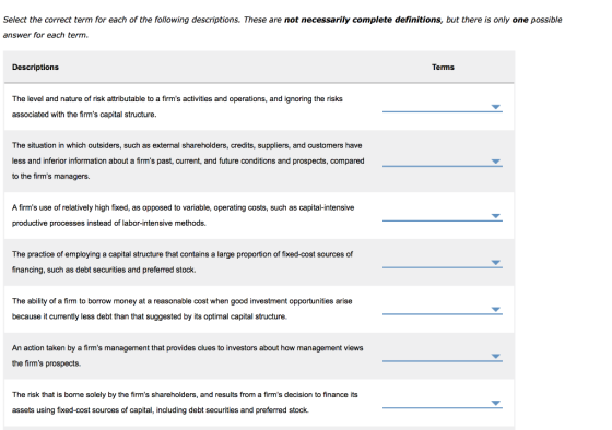 Select the correct term for each of the following descriptions. These are not necessarily complete definitions, but there is