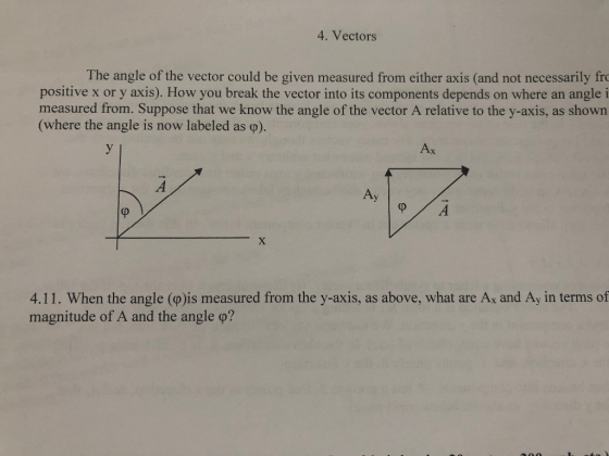 4. Vectors The angle of the vector could be given measured from either axis (and not necessarily fr positive x or y axis). How you break the vector into its components depends on where an angle i measured from. Suppose that we know the angle of the vector A relative to the y-axis, as shown (where the angle is now labeled as p). Ax Ay 4.11. When the angle (p)is measured from the y-axis, as above, what are Ax and Ay in terms of magnitude of A and the angle ф?