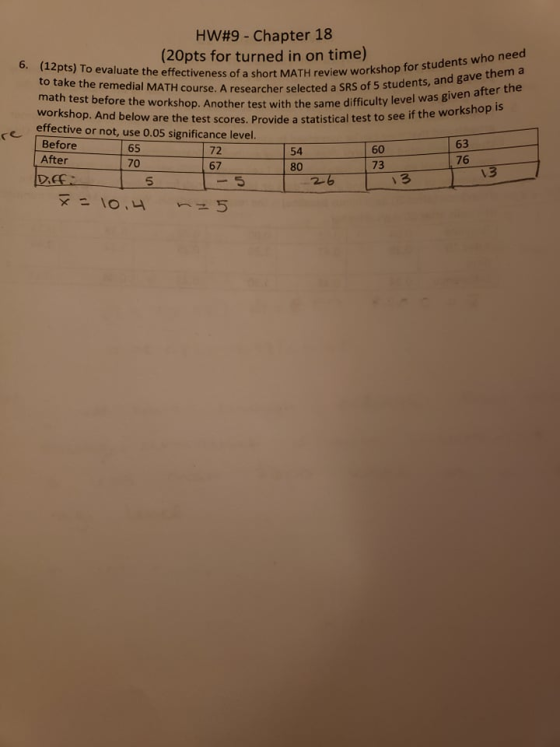 HW#9 - Chapter 18 (20pts for turned in on time) O. (12pts) To evaluate the effectiveness of a short MATH review Wor to take t