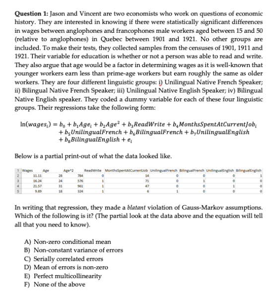 Question 1: Jason and Vincent are two economists who work on questions of economic history. They are interested in knowing if