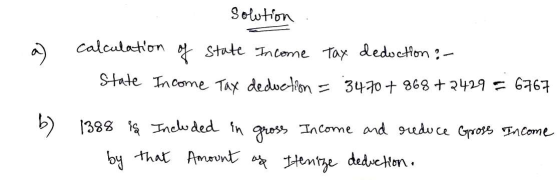 - a solution calculation of state Income Tax deduction :- state Income Tax deduction = 3470 +968 +2429 = 6767 b) Gross Income