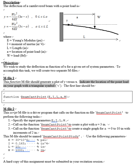 Description The deflection of a cantilevered beam with a point load is Wx2 :), 0<xsa Wa? ATT (3x-a), a SXSL where E= Youngs