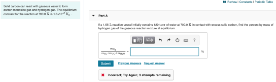 Review | Constants Periodic Table Solid carbon can react with gaseous water to form carbon monoxide gas and hydrogen gas. The