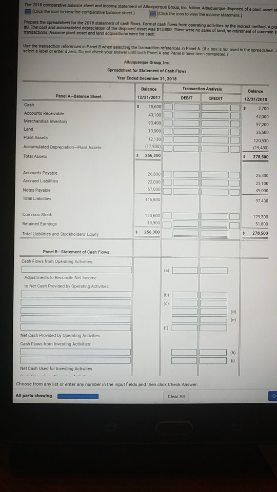 The 2018 comparative balance sheet and income statement of Albuquerque Group Inc. follow. Albuquerque EB(Click the icon to view the comparative balance sheet.) disposed of o plant asset at Click the icon to view the income statement.) Prepare the spreadsheet for the 2018 statement of cash flows Format cash flows from operating S0. The cost and accumulated depreciation transactions Assune plant asset and land acquisitions were for cash. activities by the indirect method. A pla of the disposed asset was $13,800. There were no sales of land, no retirement of common a Use the transaction references in Panel B when selecting the transaction references in Panel A. 0 select a label or enter a zero. Do not check your answer until both Panel A and Panel 8 have been completed) Albuquerque Group, Ine Spreadsheet for Statement of Cash Flows Yenar Ended December 31,2018 Transaction Analysis Panel A-Balance Sheet: 12/31/2017 15,600 43,100 DEBIT CREDIT 12/31/2018 2,700 42,000 97,200 35,500 120,530 (19,430) 278,500 Cash Accounts Receivable Merchandise Inventory Plant Assets Accumulated Depreciation-Plant Assets Total Assets 10,000 112,130 (17,930) 256 300 Accounts Payable Accrued Liabilities Notes Payable Total Liabilities 26,800 25,300 23,100 49,000 97.400 67,000 115,800 129,300 Common Stock Retained Earmings Total Liabilities and Stockholders Equity 120,600 19,900 $ 256,300 51,800 278,500 Panel B-Statement of Cash Flows Cash Flows from Operating Activities Adjustments to Reconcile Net Income to Net Cash Provided by Operating Activities Net Cash Provided by Operating Activities Cash Flows from Investing Activities: Net Cash Used for Investing Activities Choose from any list or enter any number in the input fields and then click Check Answer All parts showing Clear All