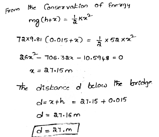 From the Conservation of Energy ng Ch+x) = ģka? 72x9.81 (0.015+x) = ã x5axx? 26x?- 706.3an - 10.5948 = 0 X = - a 7.157 The d