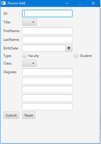 Person Add ID: Title: FirstName: LastName Faculty Type: Student Class Degrees SubmitReset