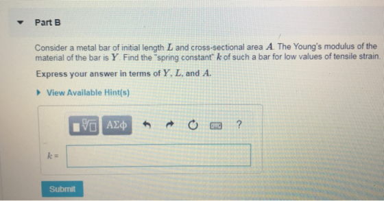 Part B Consider a metal bar of initial length L and cross-sectional area A. The Youngs modulus of the material of the bar is