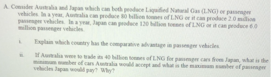 A. Consider Australia and Japan which can both produce Liquified Natural Gas (LNG) or passenger vehicles. In a year. Australi