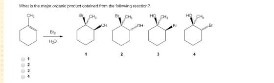 What is the major organic product obtained from the following reaction? CH3 Br, CH2 HO CHE HO CHz Br. CHE Р JOH ОН Br Brz H20