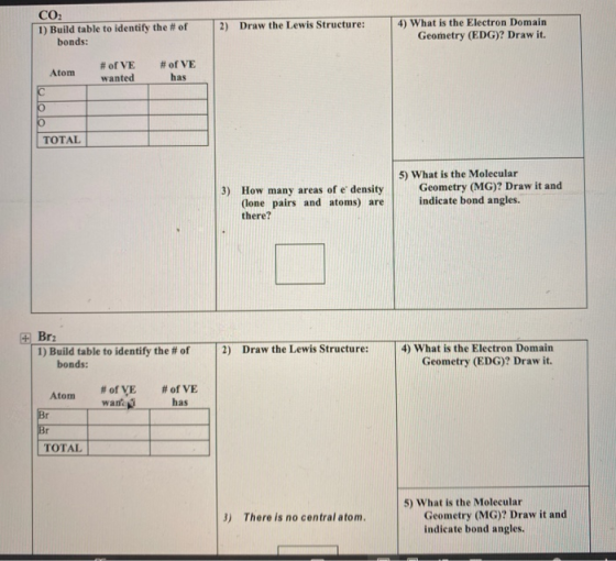 CO: 1) Build table to identify the # of bonds: 2) Draw the Lewis Structure: 4) What is the Electron Domain Geometry (EDG)? Dr