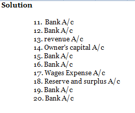 Solution 11. Bank A/C 12. Bank A/C 13. revenue A/C 14. Owners capital A/C 15. Bank A/C 16. Bank A/C 17. Wages Expense A/C 18