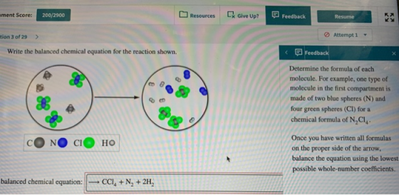ament Score: 200/2900 Resources Ex Give Up? Feedback Resume Resume tion 3 of 29 > Attempt 1 Write the balanced chemical equat