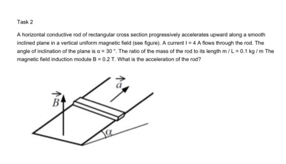 Task 2 A horizontal conductive rod of rectangular cross section progressively accelerates upward along a smooth inclined plan