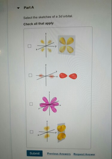 Part A Select the sketches of a 3d orbital. Check all that apply 23 Submit Previous Answers Request Answer