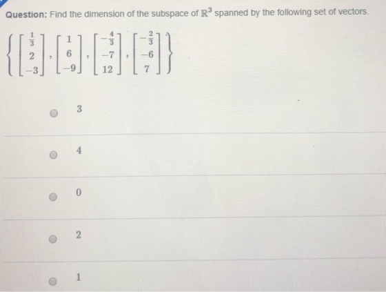 Question: Find the dimension of the subspace of Rspanned by the following set of vectors. {I:00