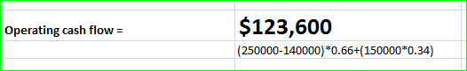 Operating cash flow = $123,600 (250000-140000) *0.66+(150000*0.34)