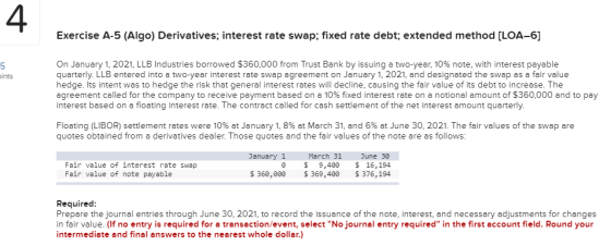 Exercise A-5 (Algo) Derivatives; interest rate swap; fixed rate debt; extended method (LOA-6) pints On January 1, 2021, LLB I