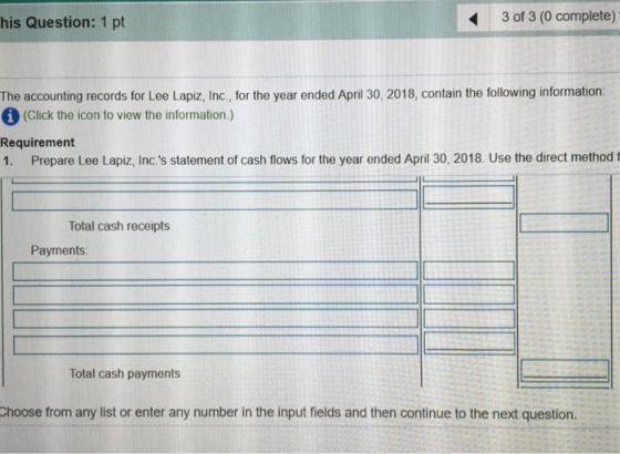 his Question: 1 pt 3 of 3 (0 complete) The accounting records for Lee Lapiz, Inc., for the year ended April 30, 2018, contain
