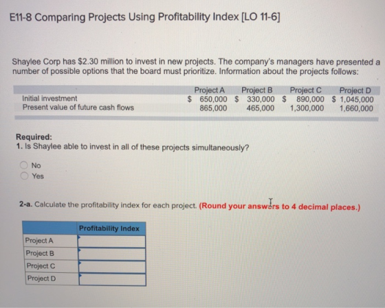 E11-8 Comparing Projects Using Profitability Index [LO 11-6] Shaylee Corp has $2.30 million to invest in new projects. The co