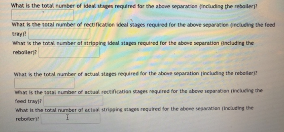 What is the total number of ideal stages required for the above separation (including the reboiler)? What is the total number