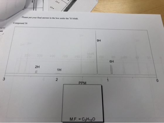 254 254 Please put your final answer in the box under the H NMR. Compound 36 9H ББИ 30 80 00 50 80 100 S00 6H 2H 1H 2 3 PPM
