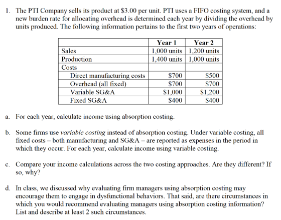 1. The PTI Company sells its product at $3.00 per unit. PTI uses a FIFO costing system, and a new burden rate for allocating