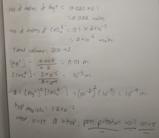 No. of moles of Agt = 0.020x0.1. -0.002 moles No. of moles of cool = 0.1 x 2X105 - 2x10 t moles Total volume 200 ml [Ast] = 0
